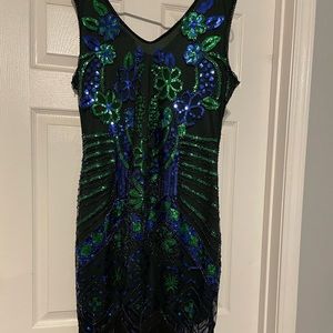Unique Vintage Flapper Dress Size XL/14 emerald and blue with sequins & fringe